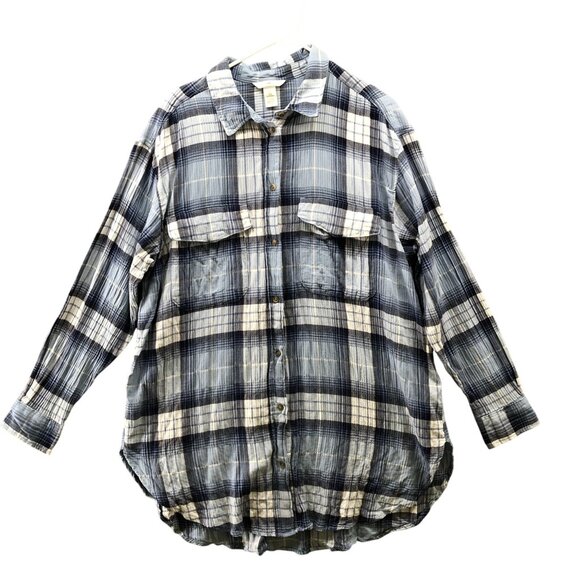 H&M Oversized Gauze Shirt Womens L Blue Plaid Overshirt Long Sleeve Cotton - Picture 1 of 9